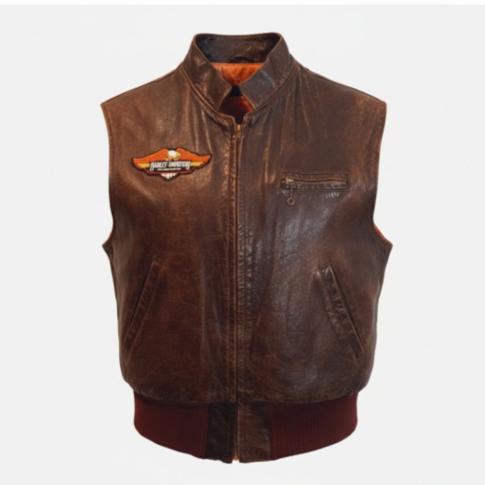 Men’s Brown Leather Biker Vest Eagle Flag Patches Full Zip Distressed USA
